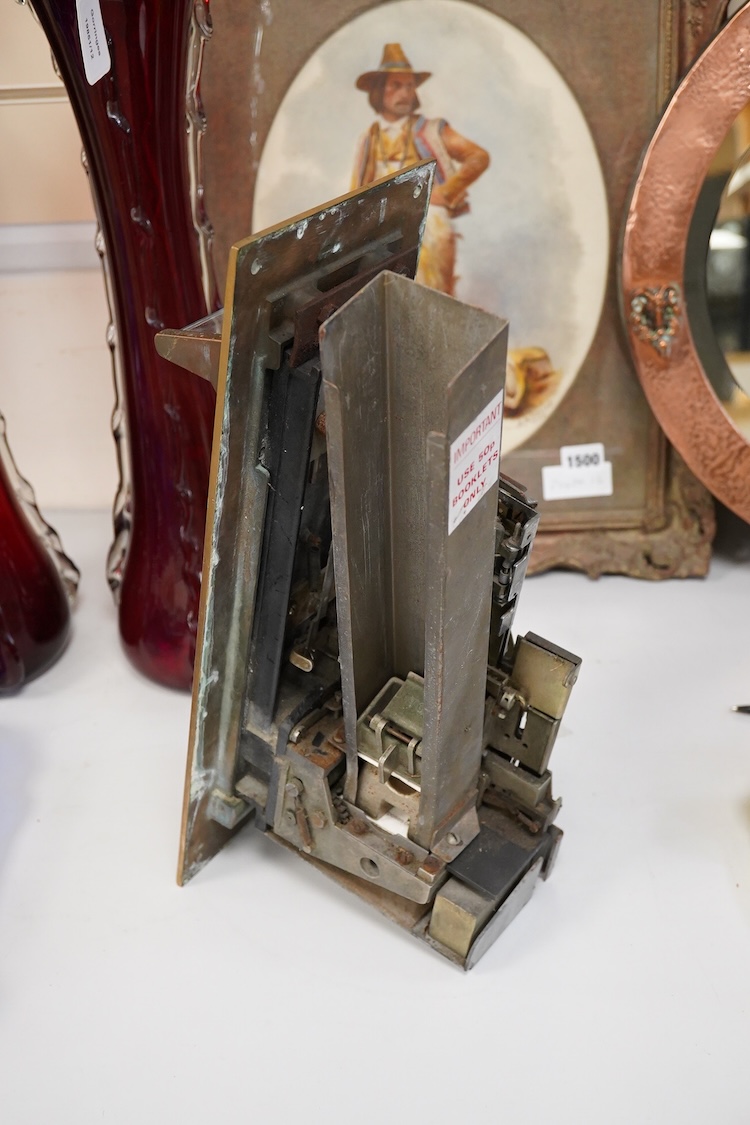 Brass wall mounted postage stamp machine, 40.5cm high